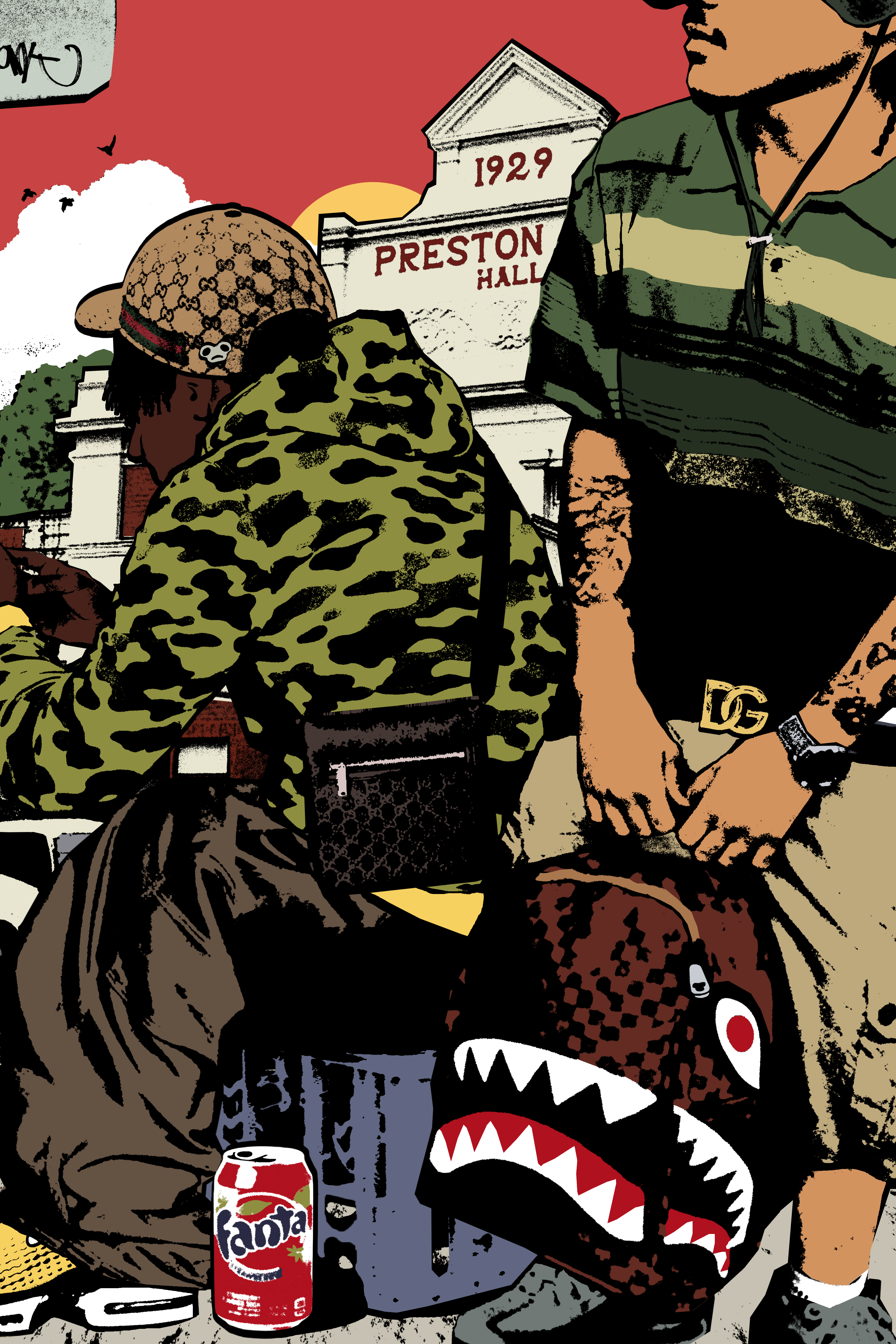 Illustration of two people with a vintage building in the background